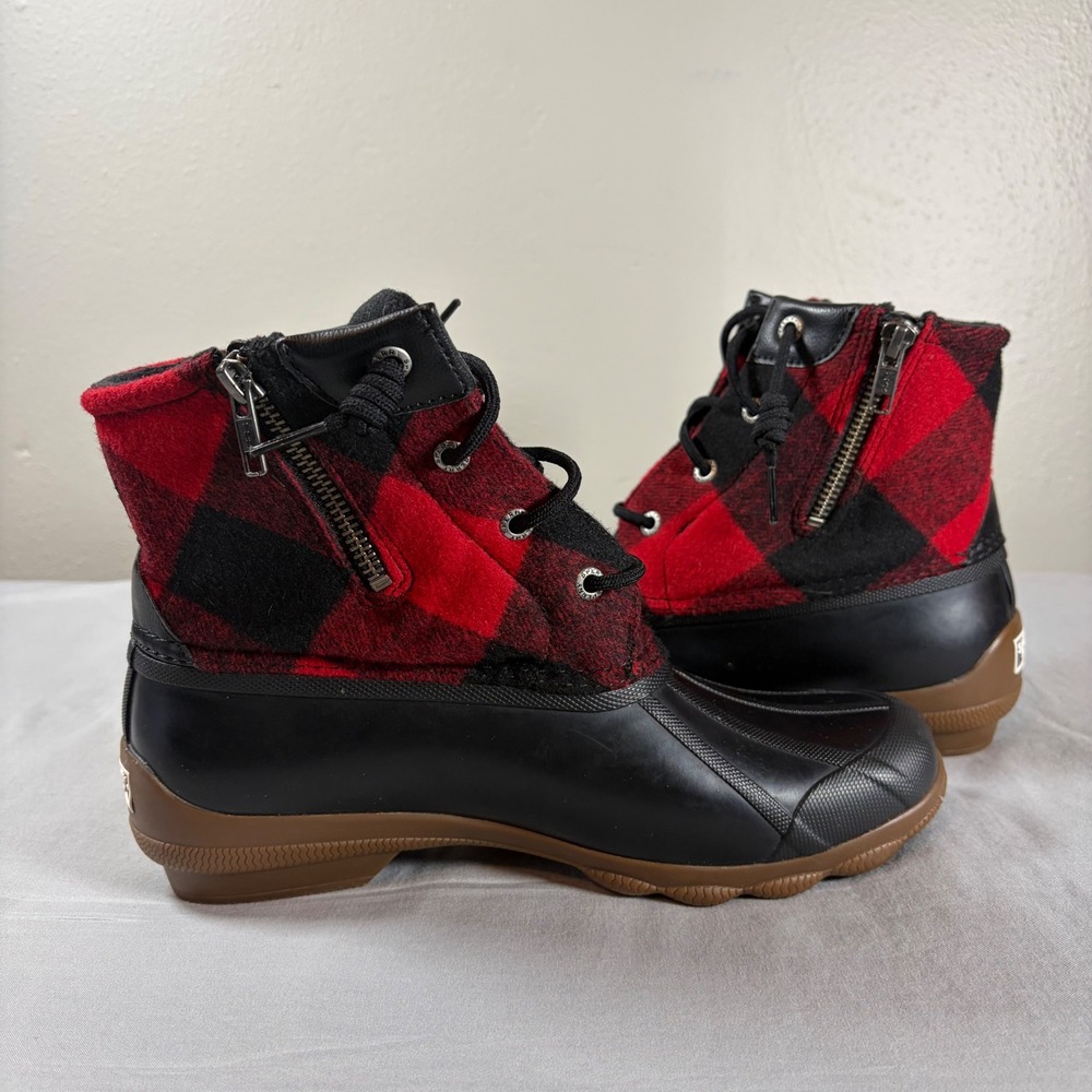 Sperry Saltwater Buffalo Plaid Duck Boots Red Black Wool Waterproof STS85076 8M - Picture 5 of 7